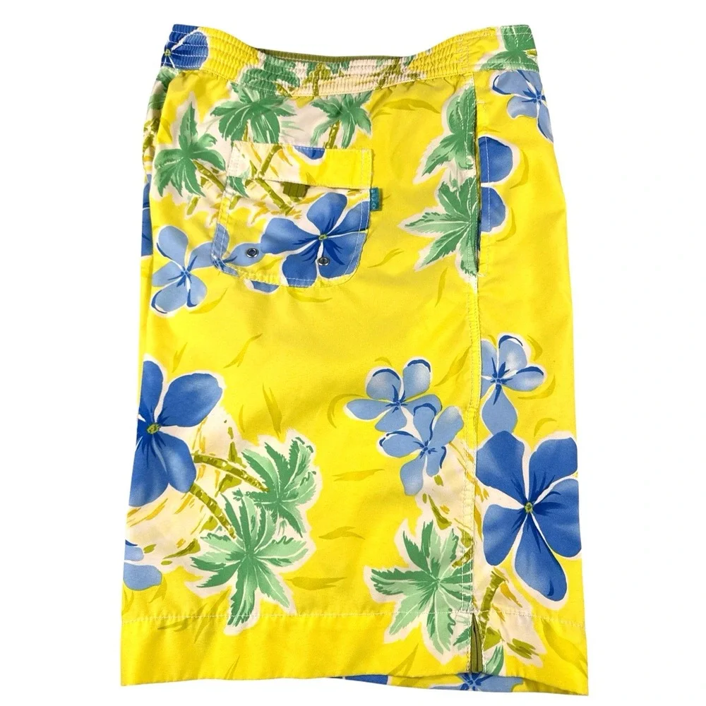 Tommy Bahama Swim Trunks Mens XL Yellow Floral Palm Floral Mesh Lining Board Sho